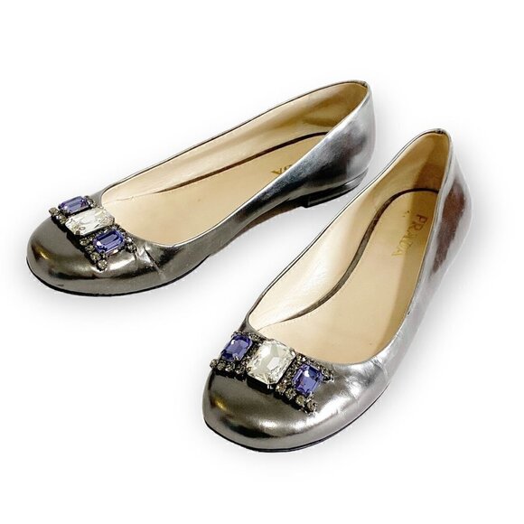 Prada pewter leather jewelled flats, size 38.5 EU - Picture 2 of 14